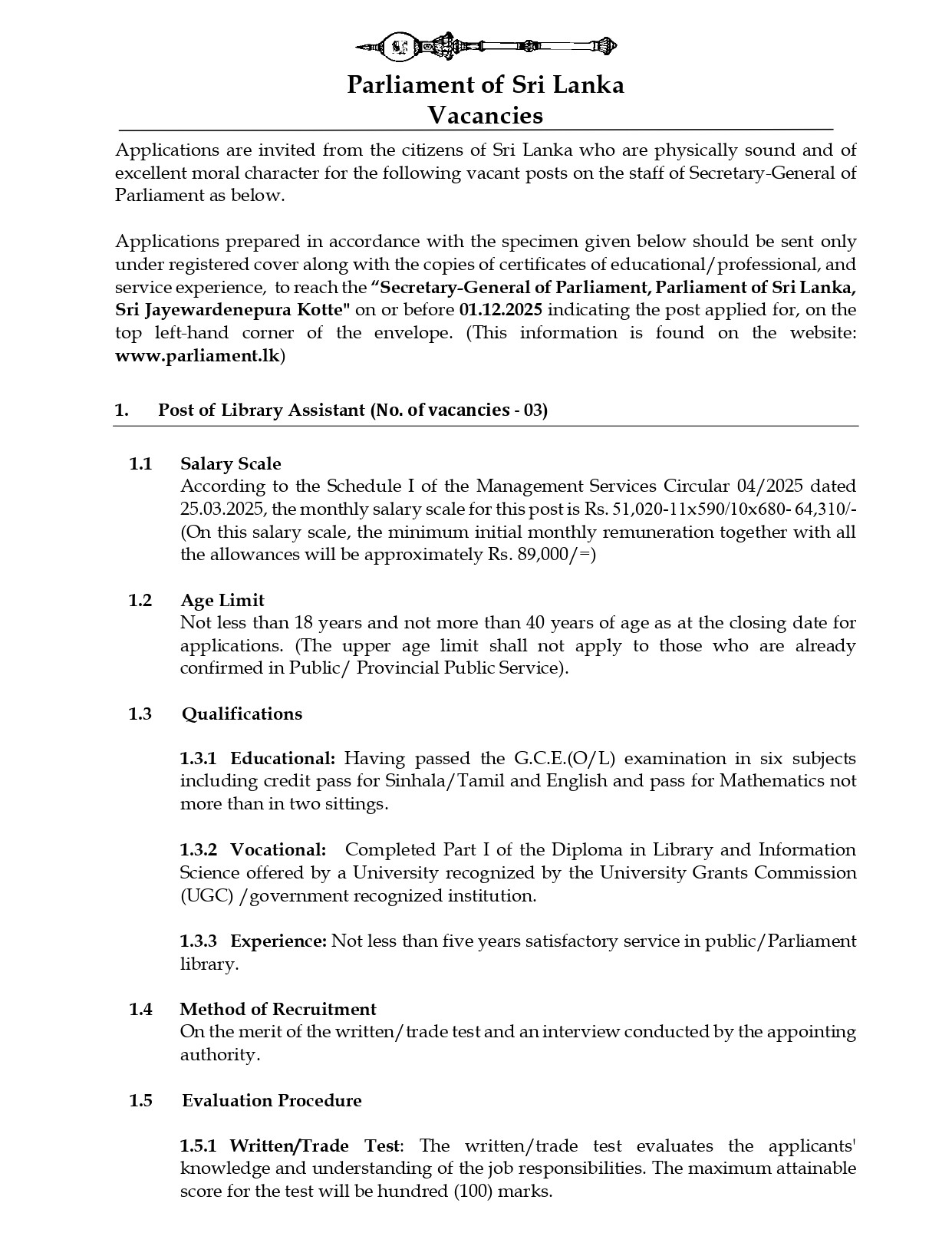  Library Assistant, Receptionist, Driver - Parliament of Sri Lanka