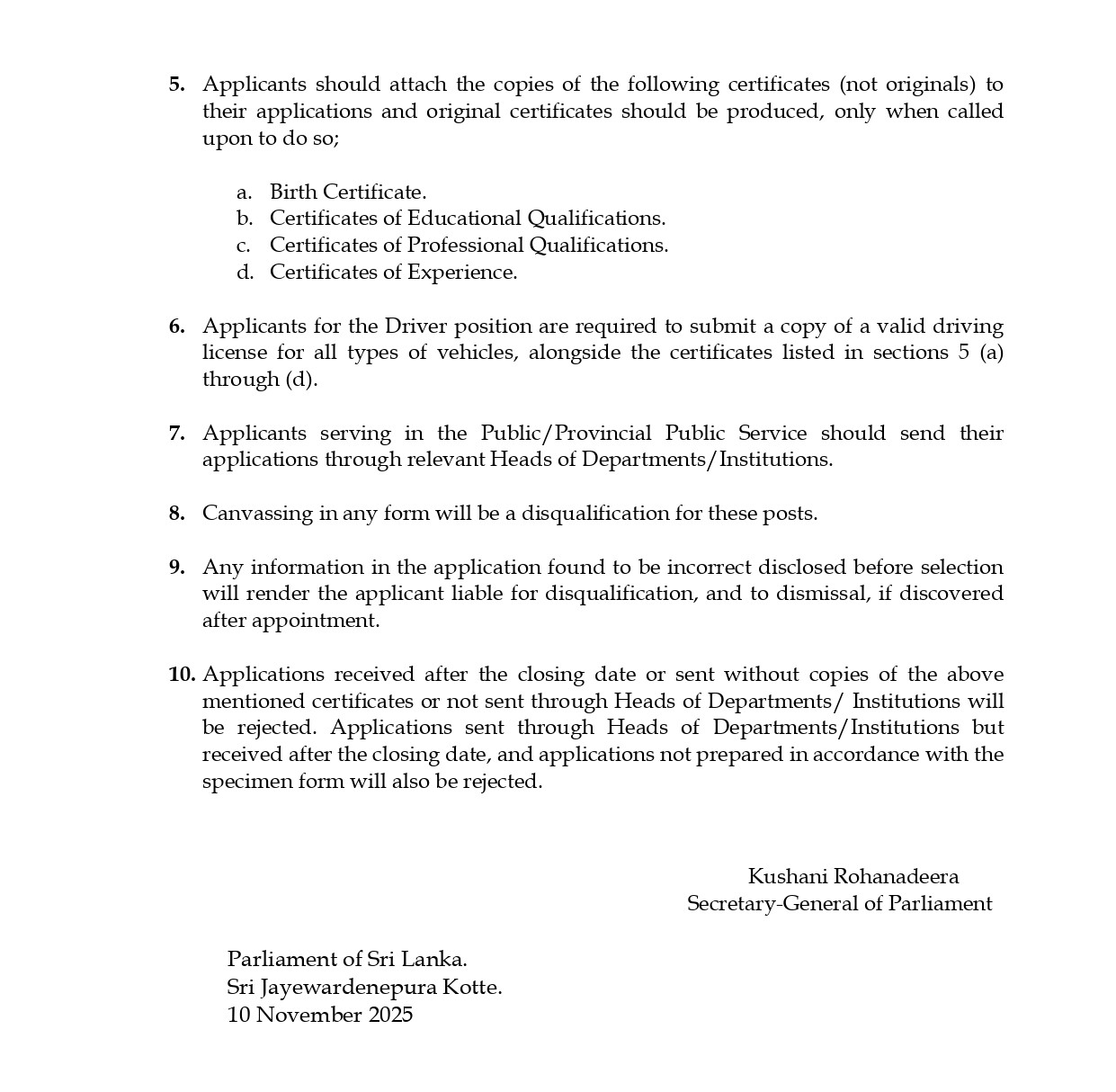  Library Assistant, Receptionist, Driver - Parliament of Sri Lanka