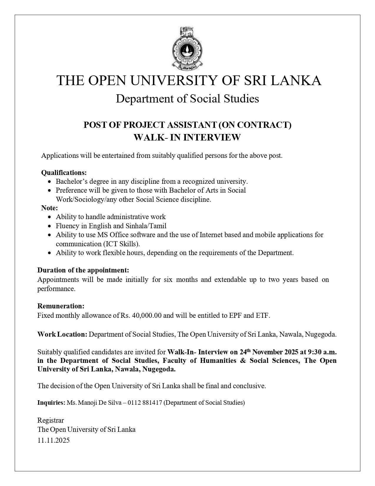 Project Assistant - The Open University of Sri Lanka