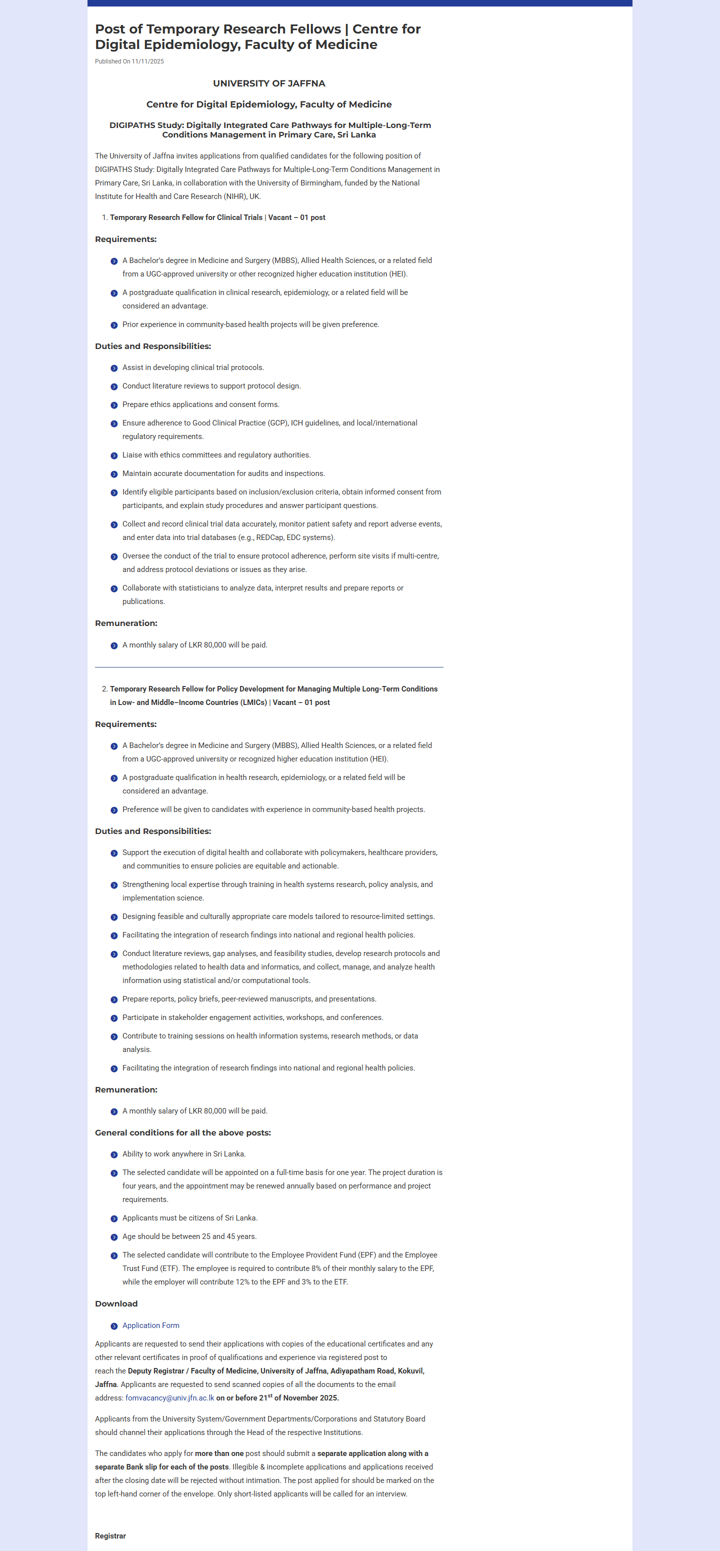 Temporary Research Fellow - University of Jaffna