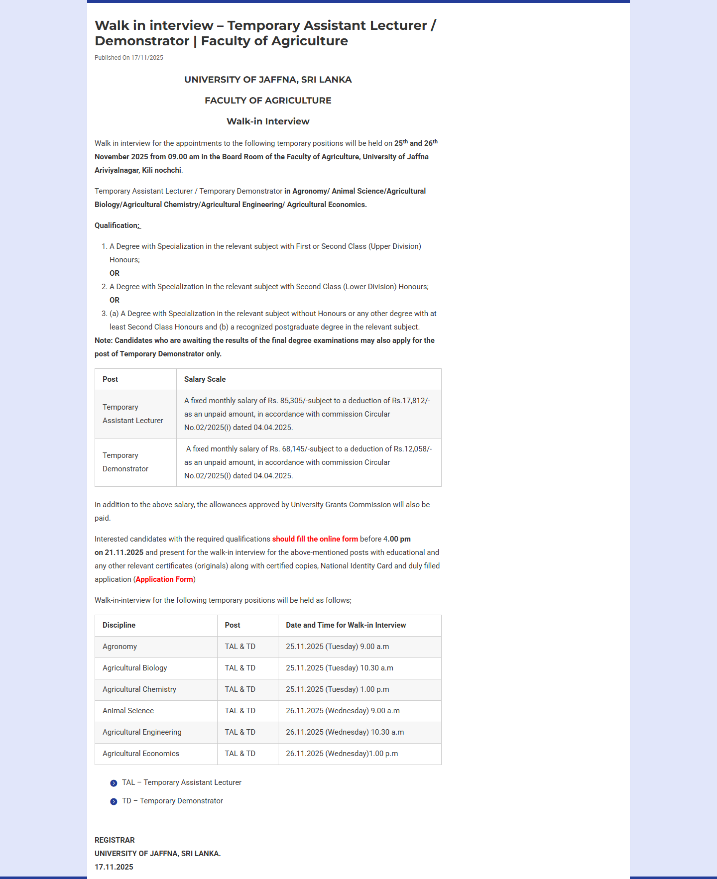 Temporary Assistant Lecturer - University of Jaffna