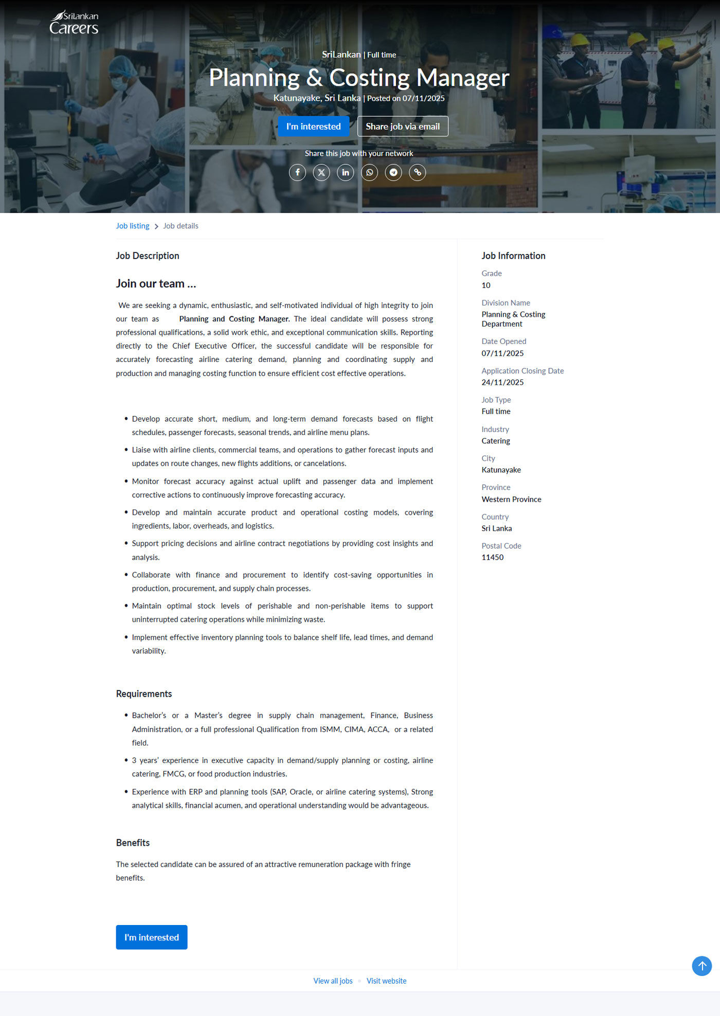 Planning & Costing Manager - Sri Lankan Airlines Limited