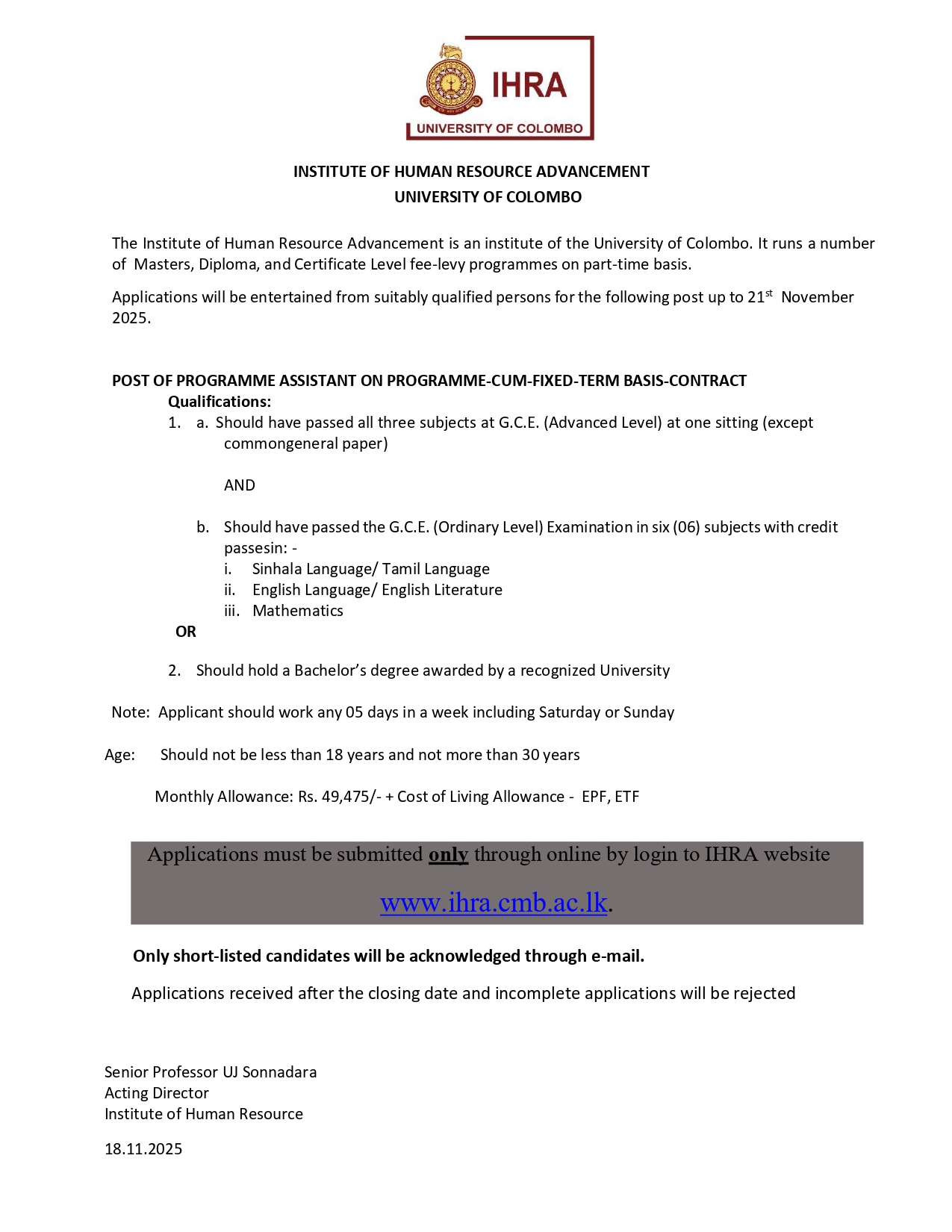 Programme Assistant - Institute of Human Resource Advancement - University of Colombo