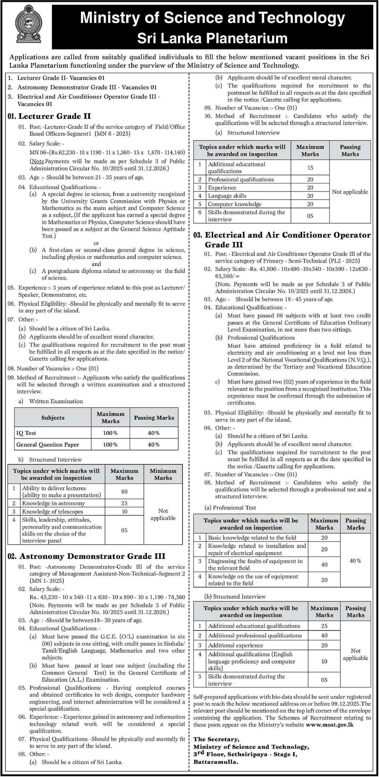 Lecturer, Astronomy Demonstrator, Electrical & Air Conditioner Operator - Sri Lanka Planetarium