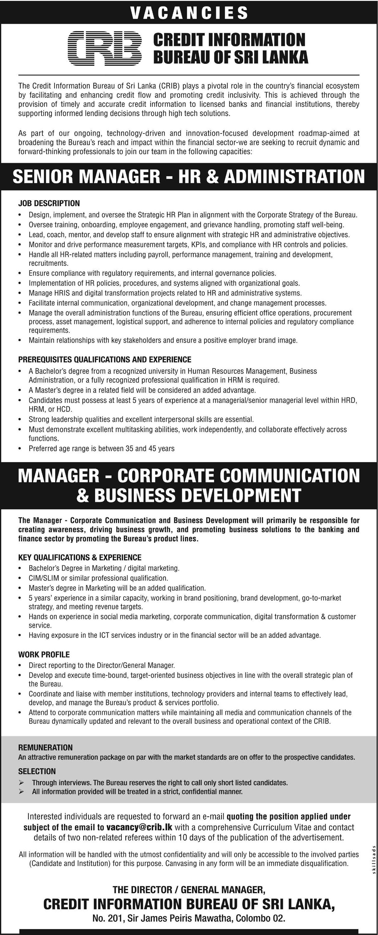 Senior Manager, Manager - Credit Information Bureau of Sri Lanka