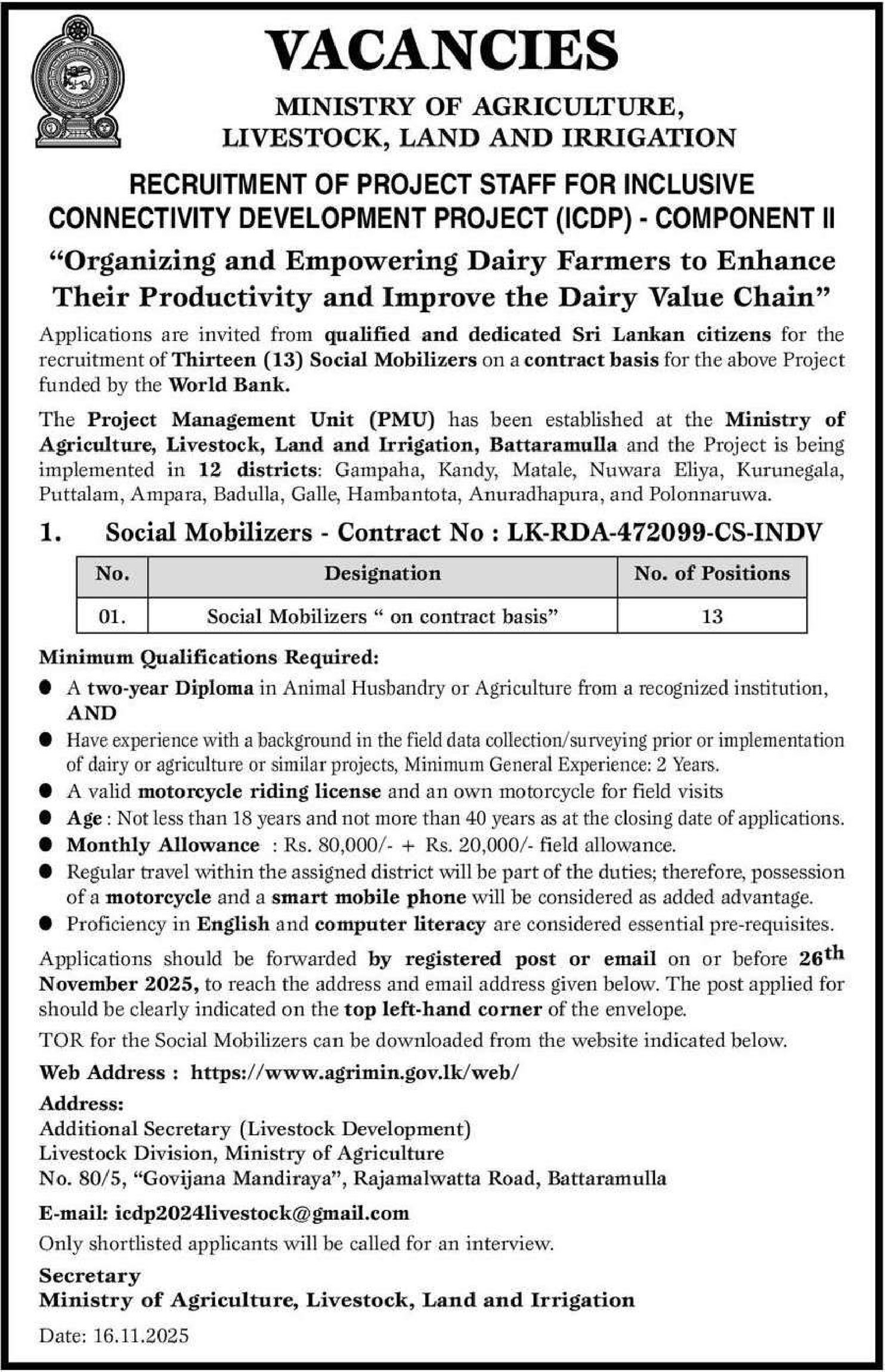 Social Mobilizer - Ministry of Agriculture, Livestock, Land & Irrigation