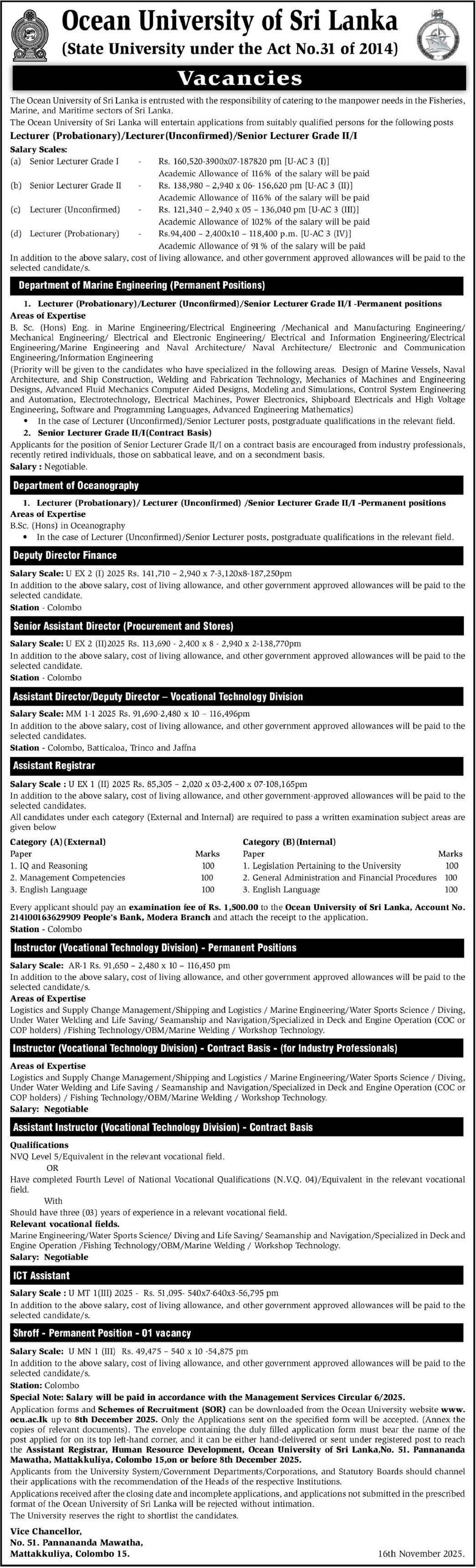 ICT Assistant, Shroff, Senior Lecturer, Lecturer, Deputy Director, Senior Assistant Director, Assistant Director, Assistant Registrar, Instructor, Assistant Instructor - Ocean University of Sri Lanka