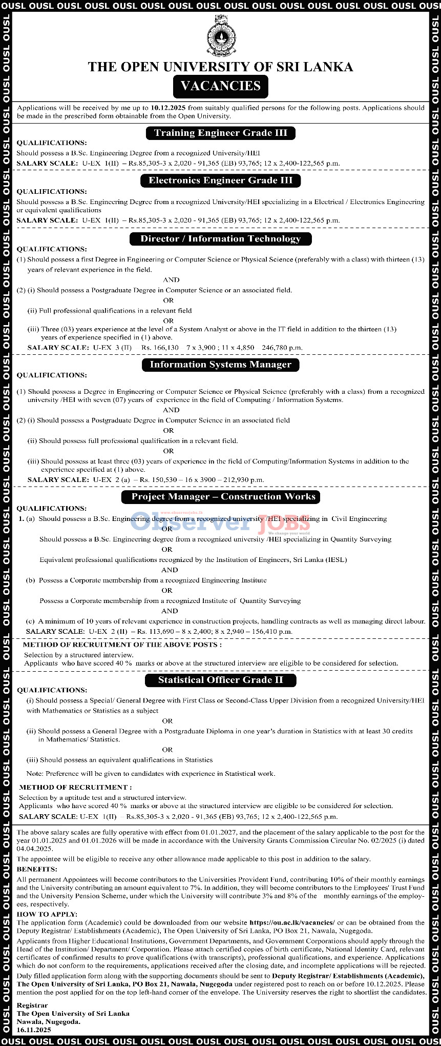 Training Engineer, Electronics Engineer, Director, Information Systems Manager, Project Manager, Statistical Officer - The Open University of Sri Lanka