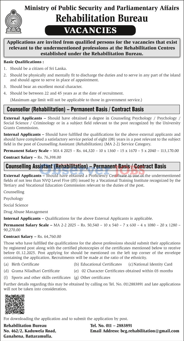 Counsellor, Counselling Assistant - Rehabilitation Bureau