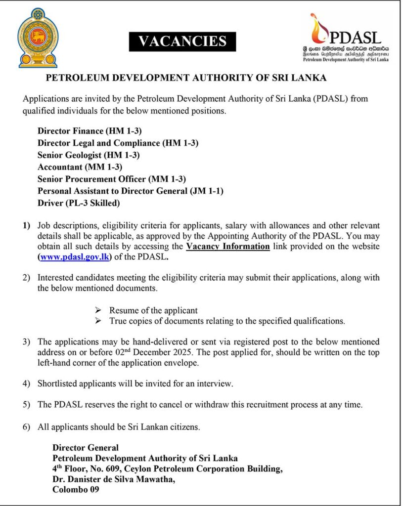 Director, Senior Geologist, Accountant, Senior Procurement Officer, Personal Assistant to Director General, Driver - Petroleum Development Authority of Sri Lanka