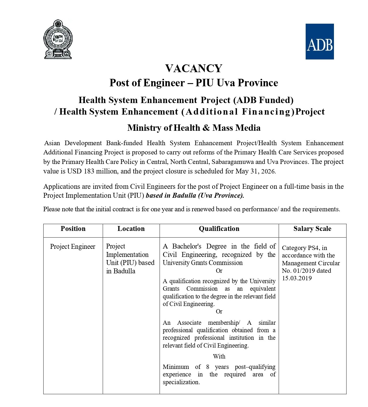 Project Engineer - Health System Enhancement Project - Ministry of Health & Mass Media