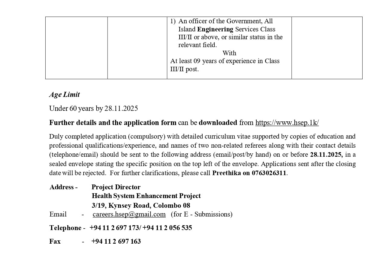 Project Engineer - Health System Enhancement Project - Ministry of Health & Mass Media
