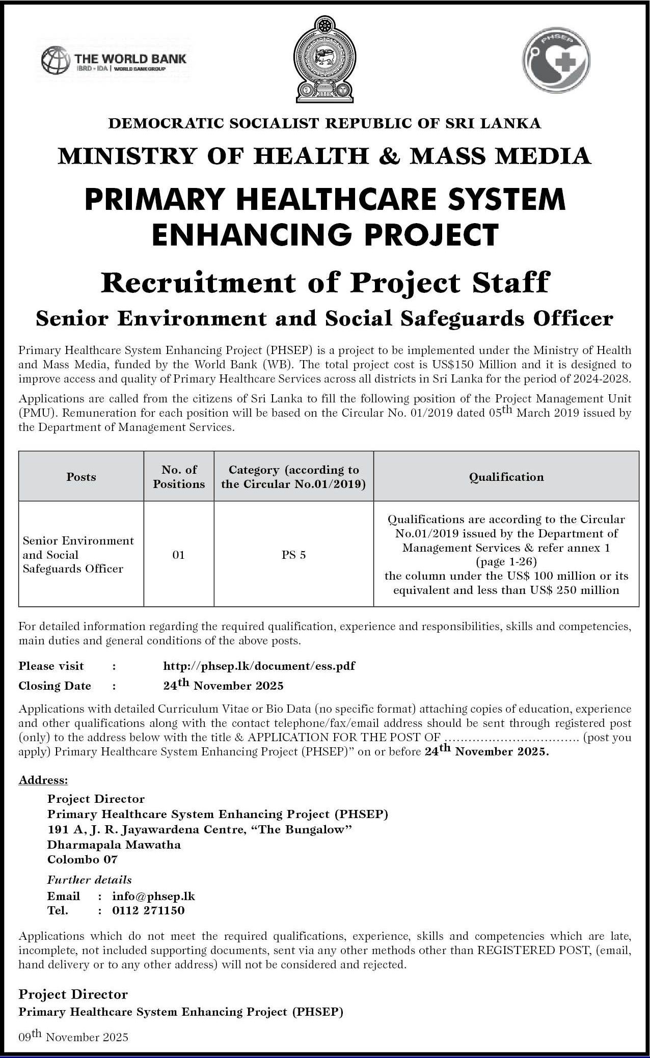 Senior Environment & Social Safeguards Officer - Primary Healthcare System Enhancing Project - Ministry of Health & Mass Media