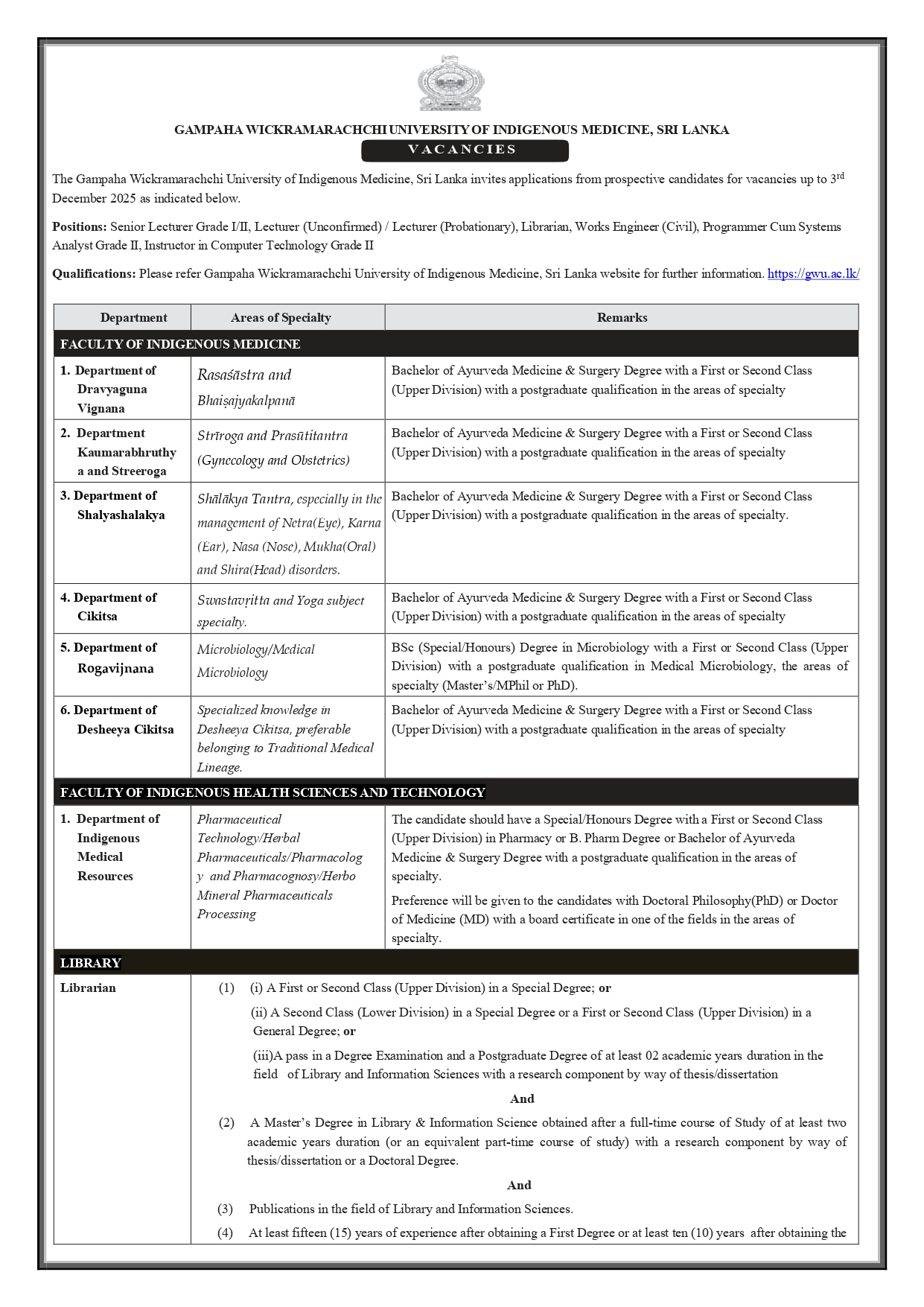 Senior Lecturer, Lecturer, Librarian, Works Engineer, Programmer/Systems Analyst, Instructor - Gampaha Wickramarachchi University of Indigenous Medicine