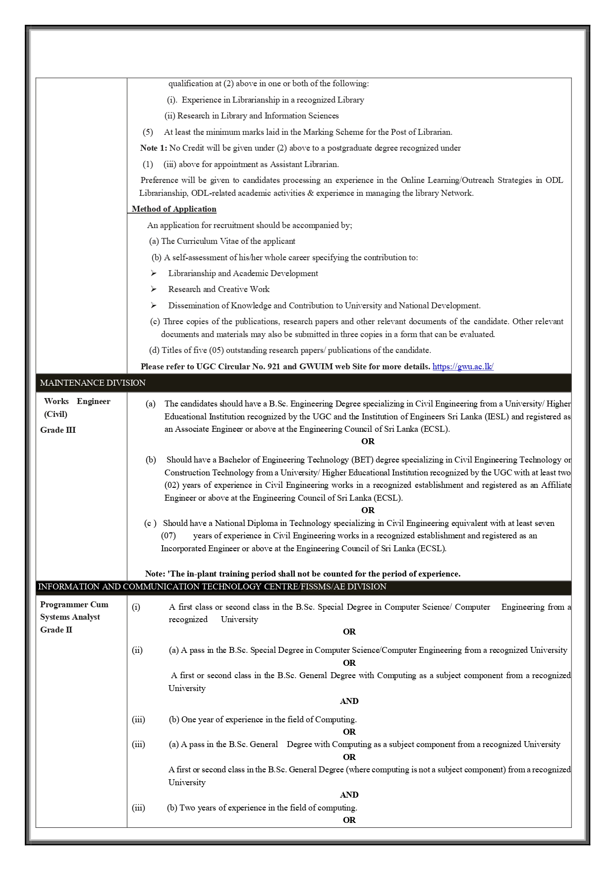 Senior Lecturer, Lecturer, Librarian, Works Engineer, Programmer/Systems Analyst, Instructor - Gampaha Wickramarachchi University of Indigenous Medicine