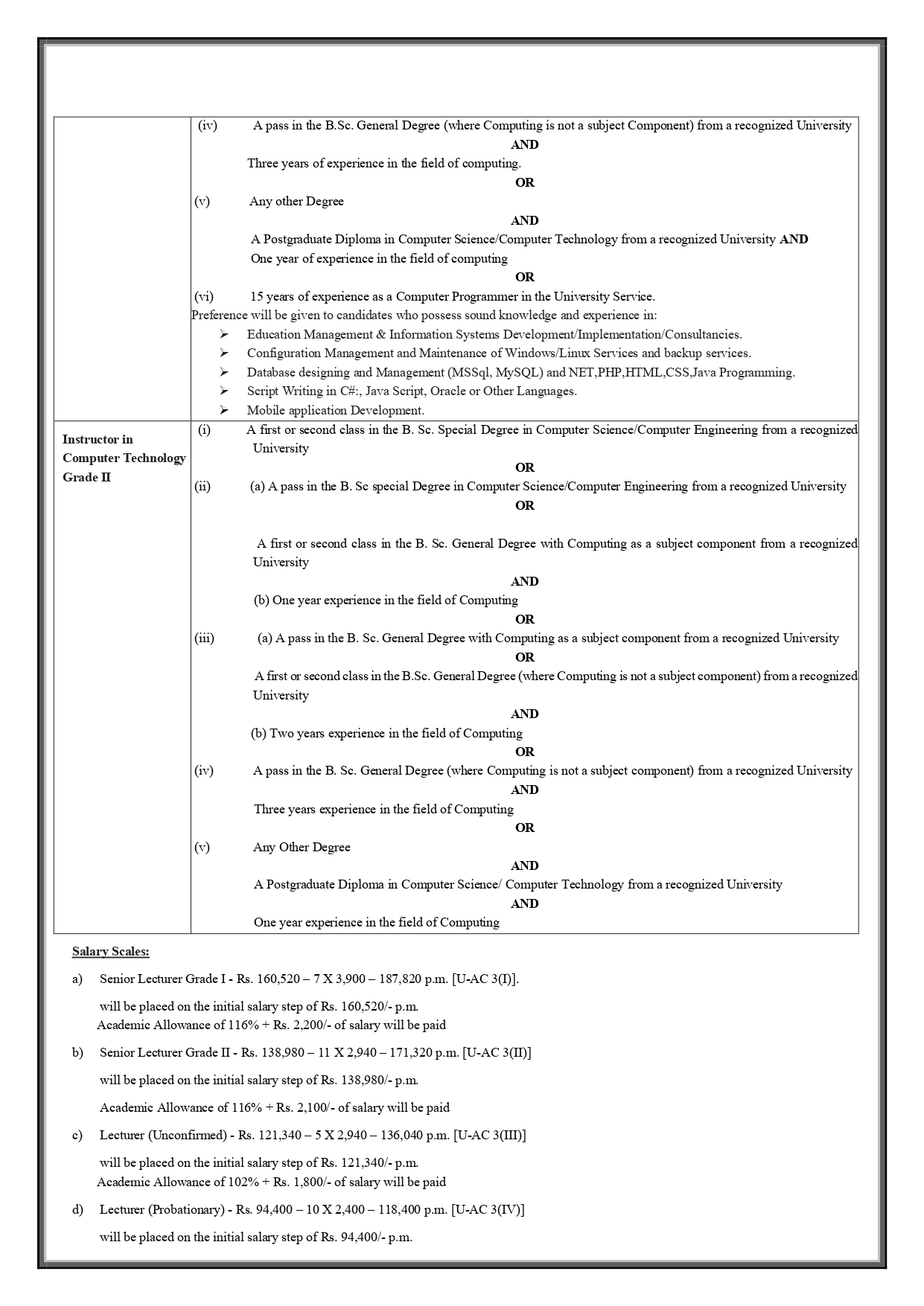 Senior Lecturer, Lecturer, Librarian, Works Engineer, Programmer/Systems Analyst, Instructor - Gampaha Wickramarachchi University of Indigenous Medicine