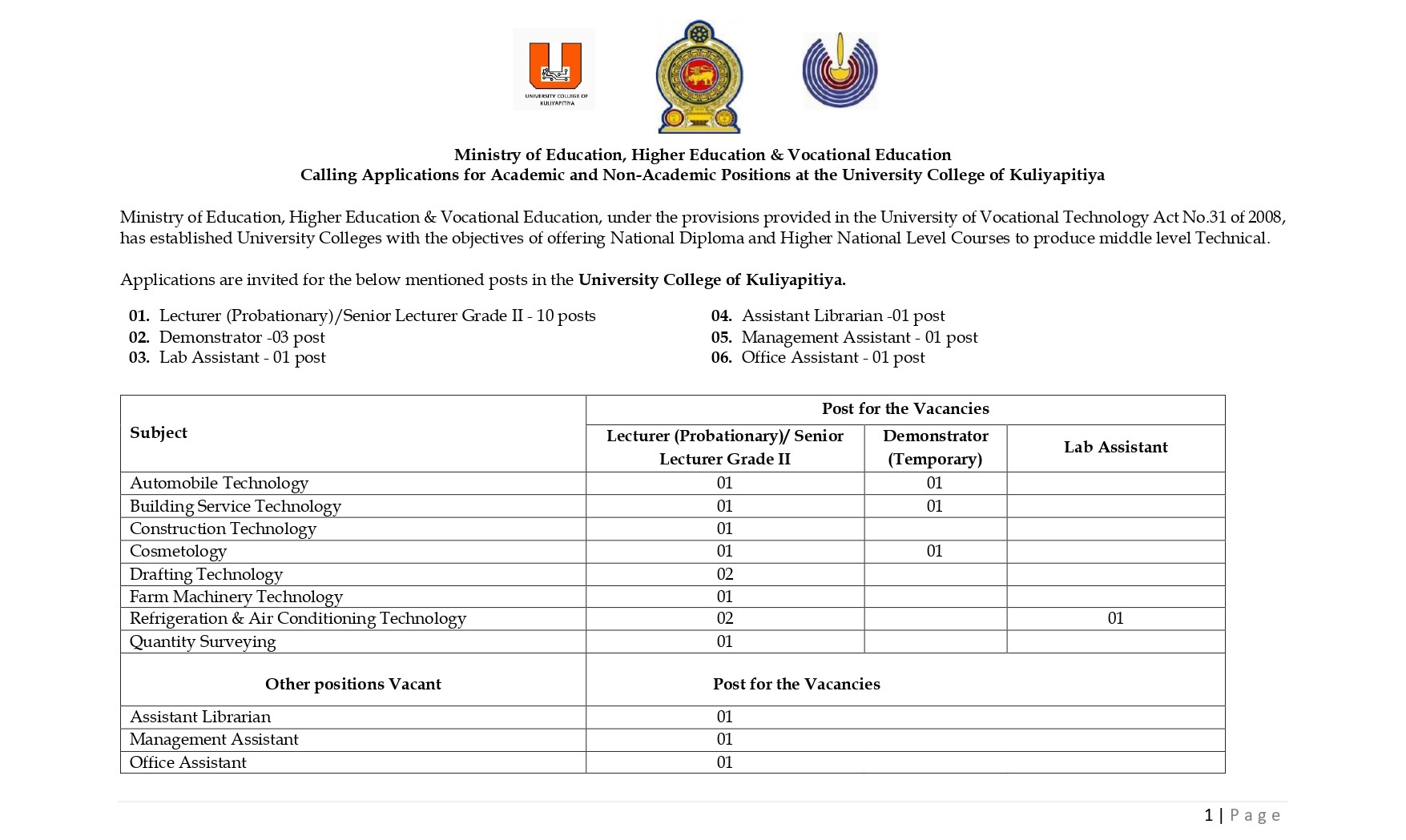 Management Assistant, Lecturer, Senior Lecturer, Assistant Librarian, Demonstrator, Laboratory Assistant, Office Assistant - University College of Kuliyapitiya - University of Vocational Technology