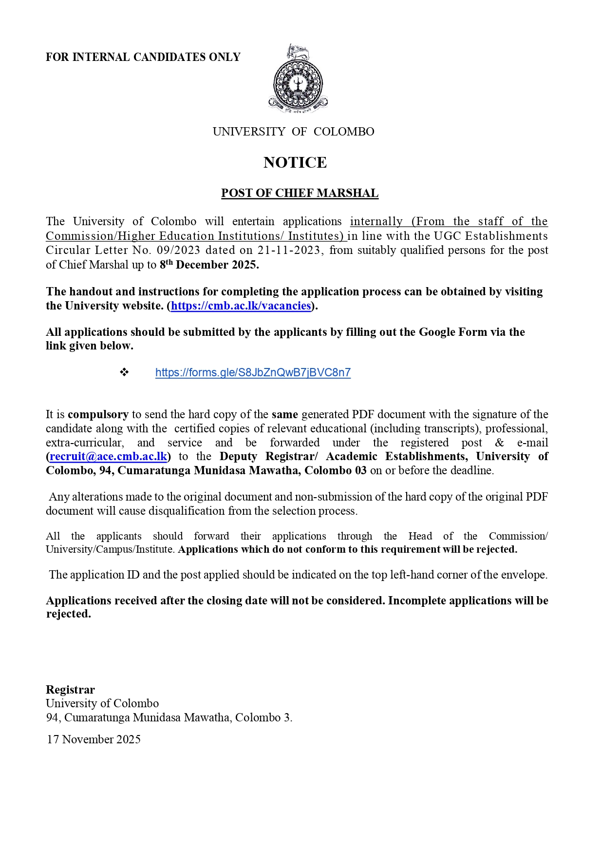 Chief Marshal - University of Colombo