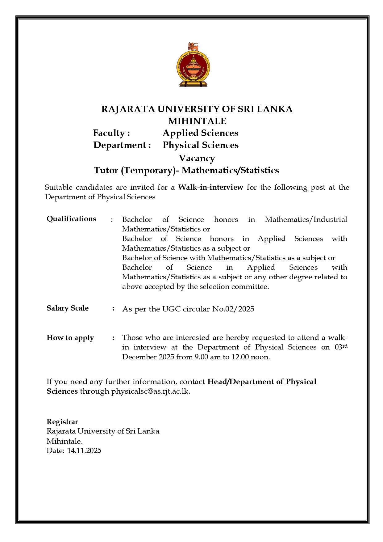  Tutor - Rajarata University of Sri Lanka