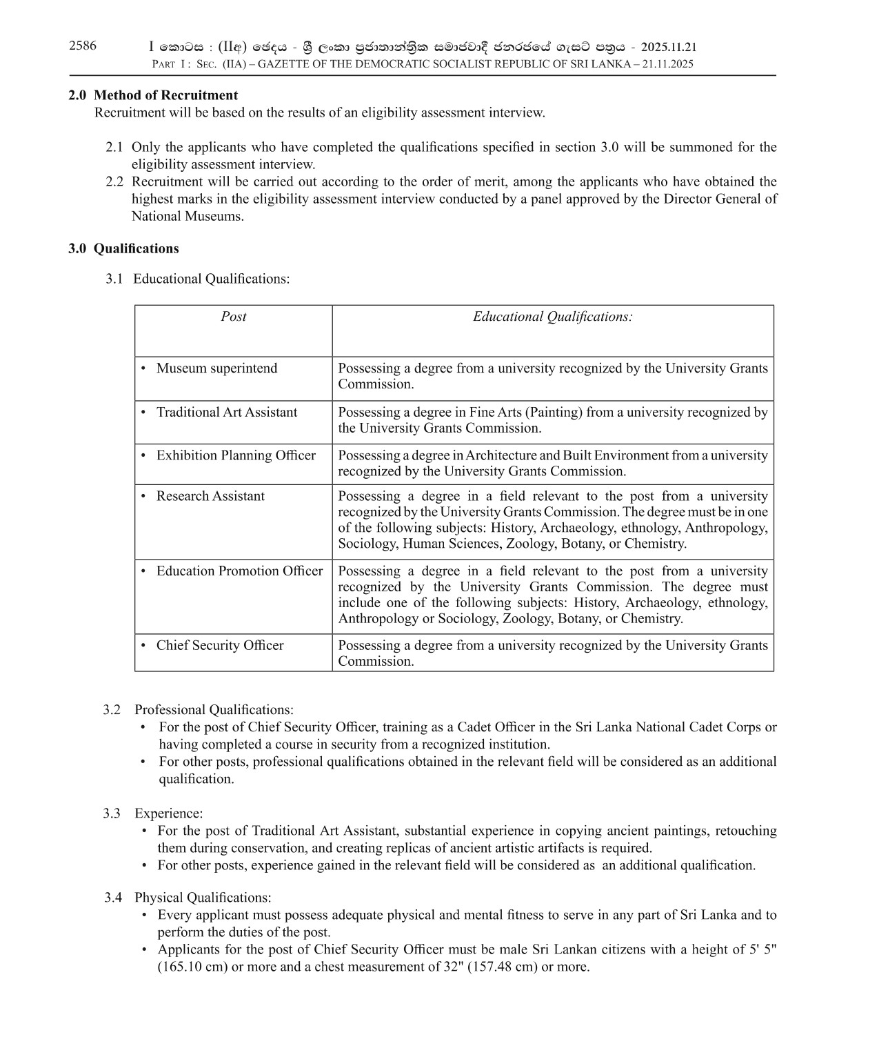 Museum Superintend, Traditional Art Assistant, Exhibition Planning Officer, Research Assistant, Education Promotion Officer, Chief Security Officer - Department of National Museums 