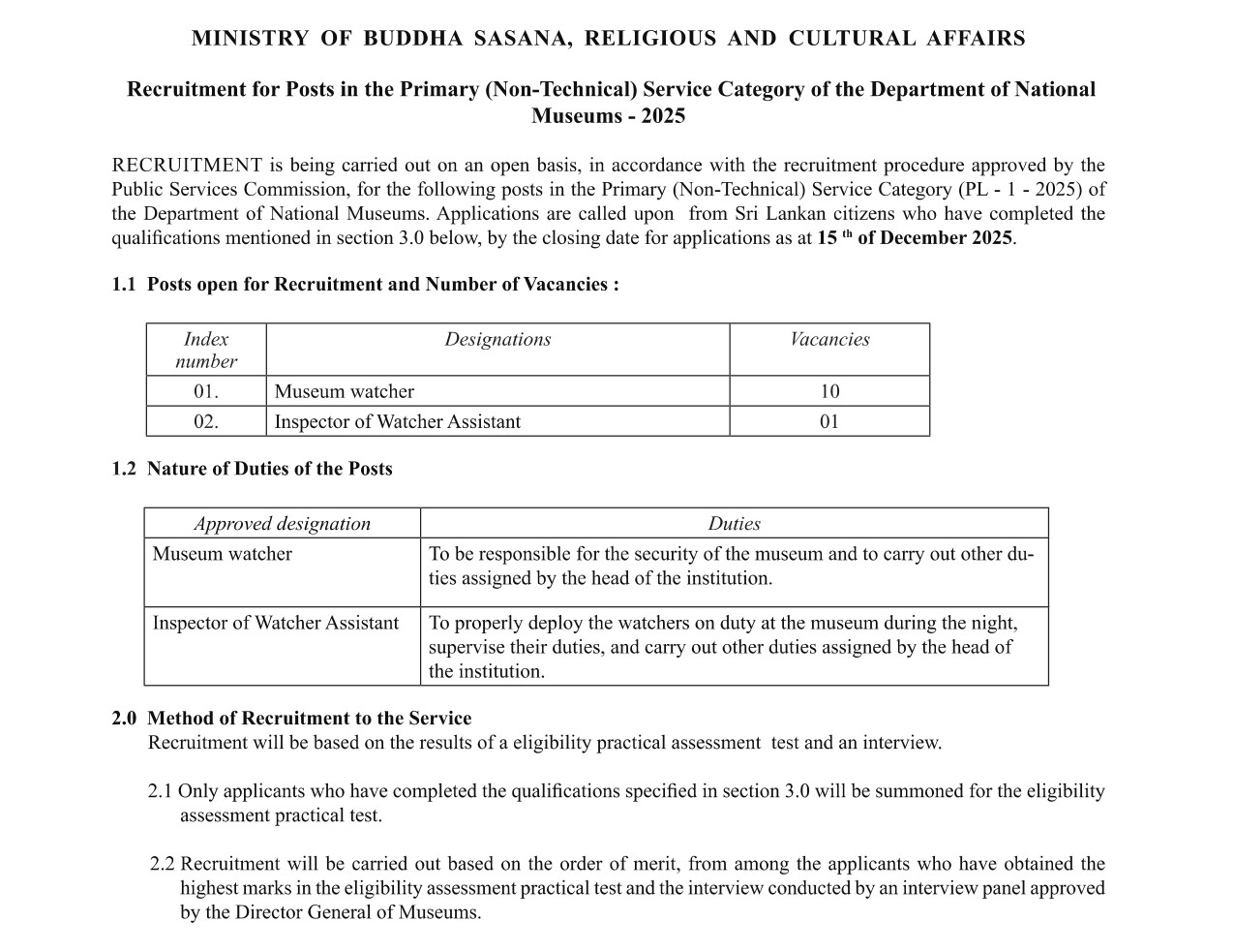 Museum Watcher, Inspector of Watcher Assistant - Department of National Museums