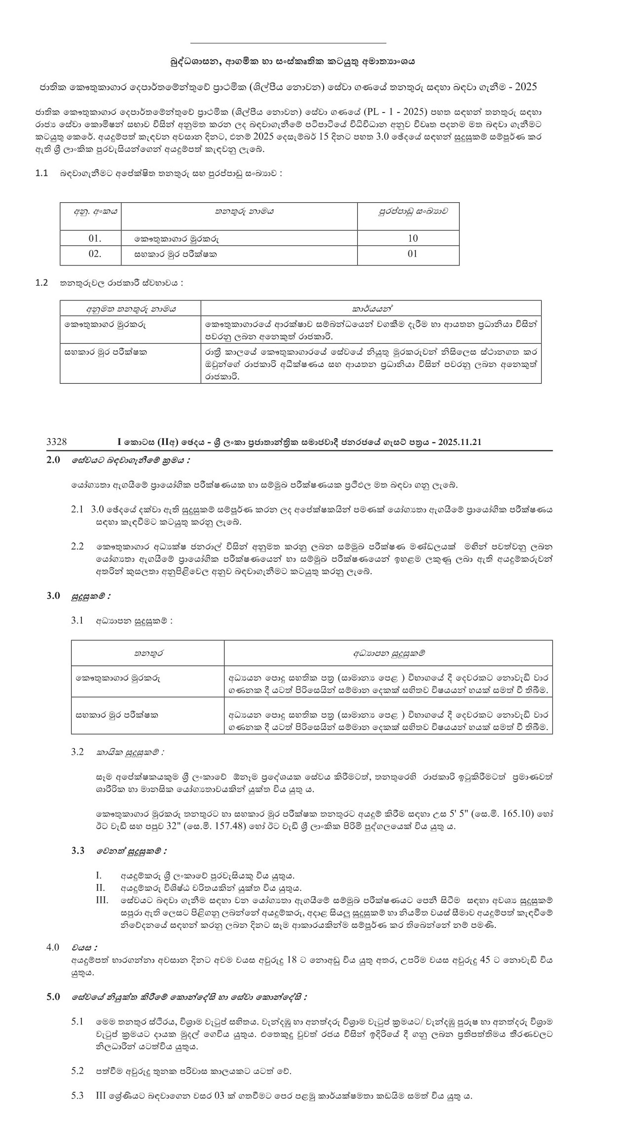 Museum Watcher, Inspector of Watcher Assistant - Department of National Museums