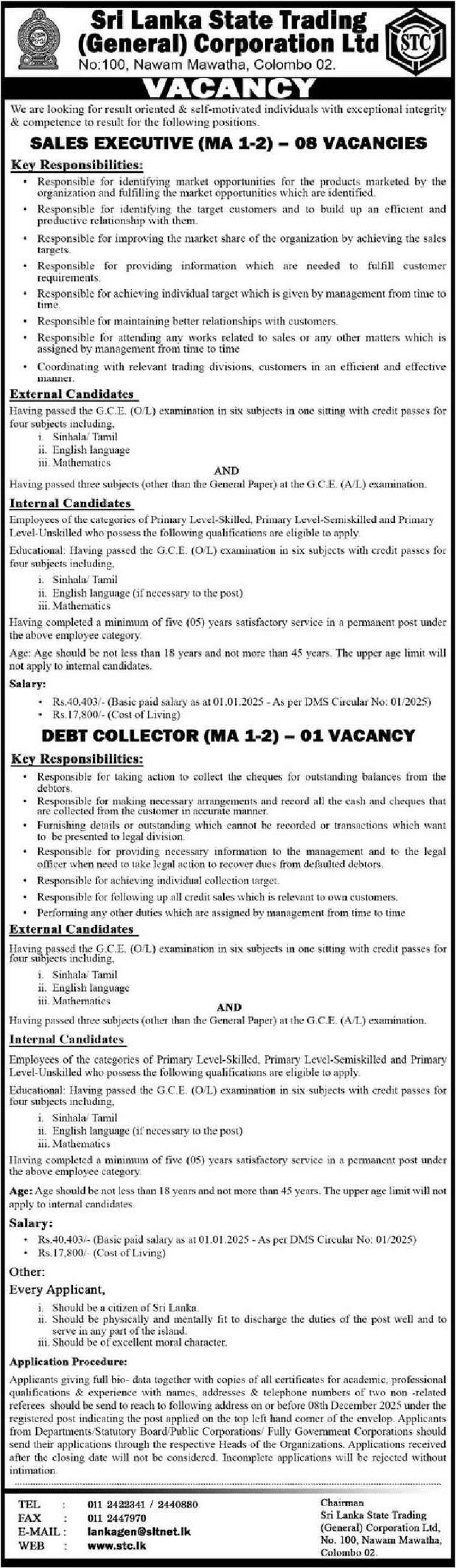 Sales Executive, DEBT Collector - Sri Lanka State Trading (General) Corporation Ltd