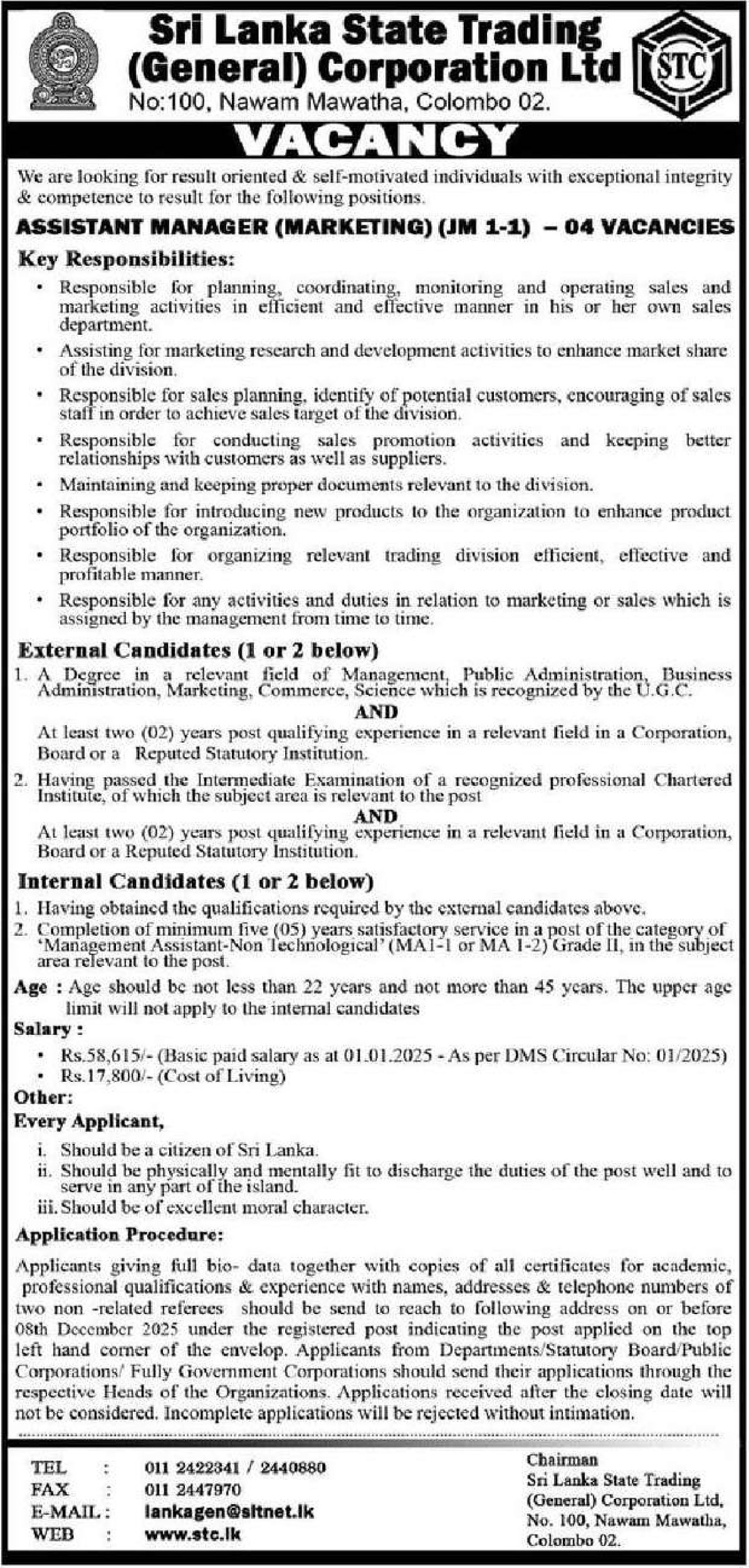 Assistant Manager (Marketing) - Sri Lanka State Trading (General) Corporation Ltd