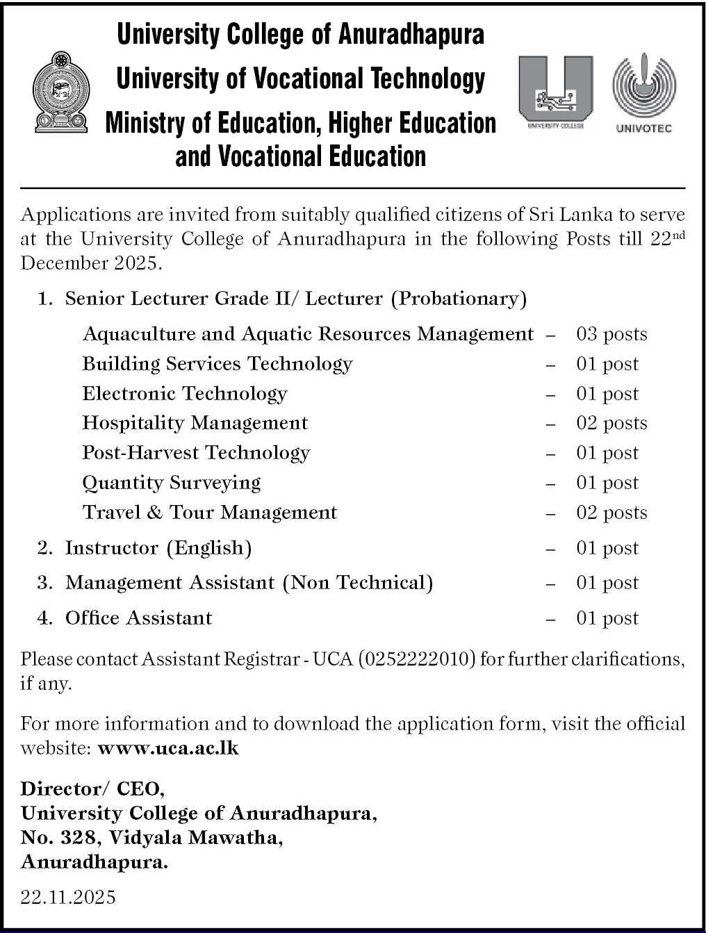 Management Assistant, Office Assistant, Senior Lecturer, Lecturer, Instructor - University College of Anuradhapura - University of Vocational Technology