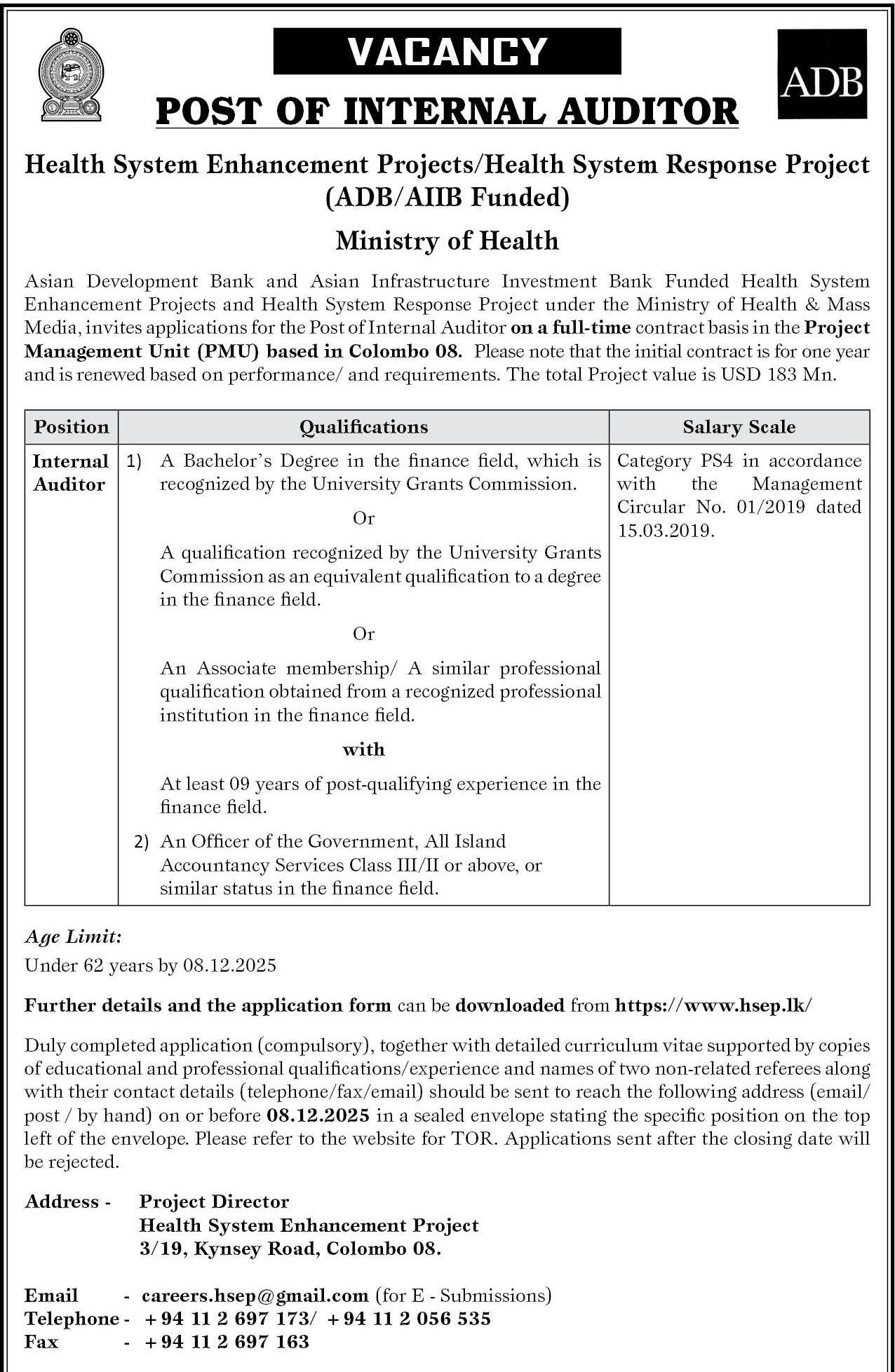 Internal Auditor - Health System Enhancement Project - Ministry of Health