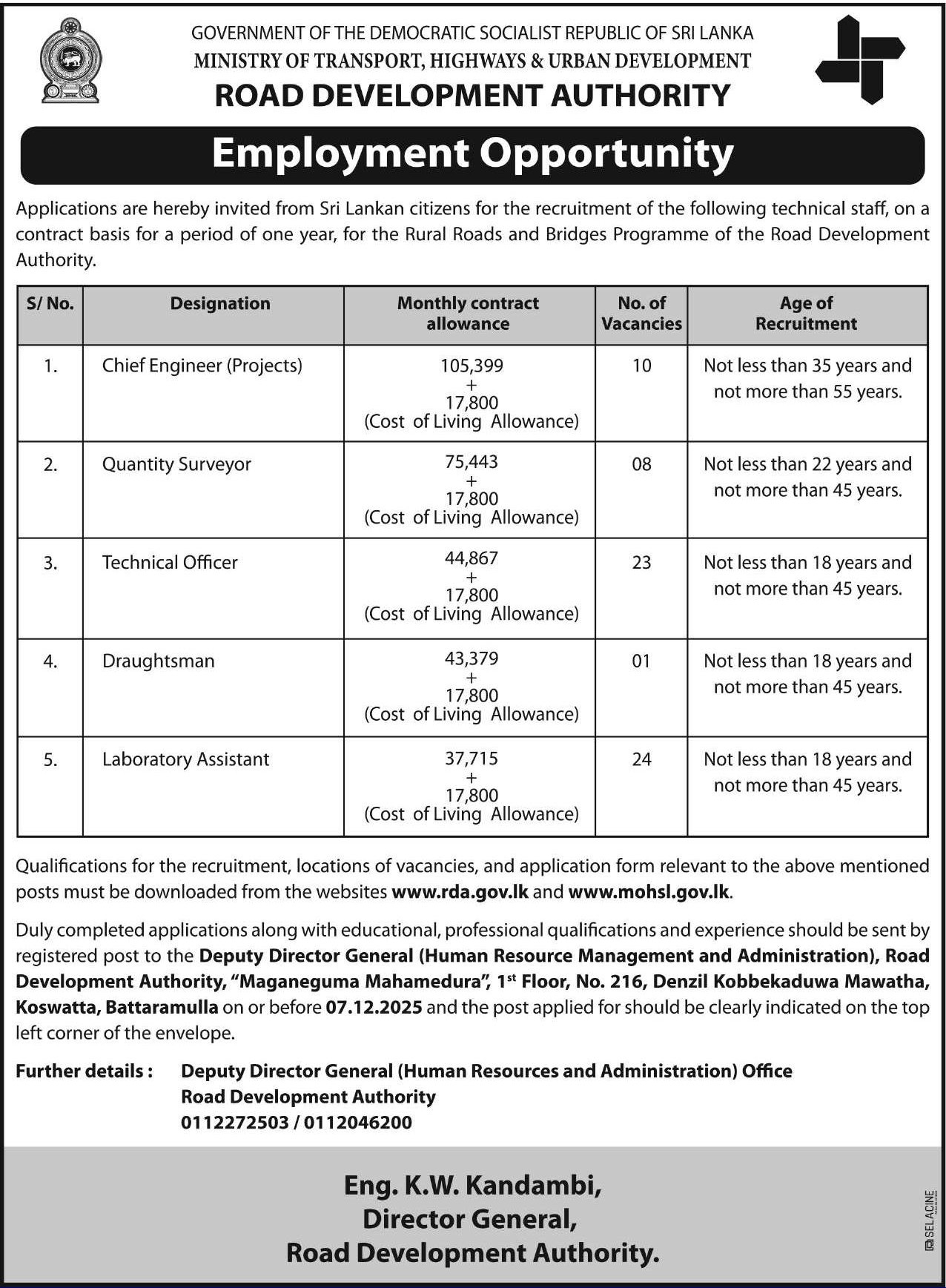 Chief Engineer, Quantity Surveyor, Technical Officer, Draughtsman, Laboratory Assistant - Road Development Authority