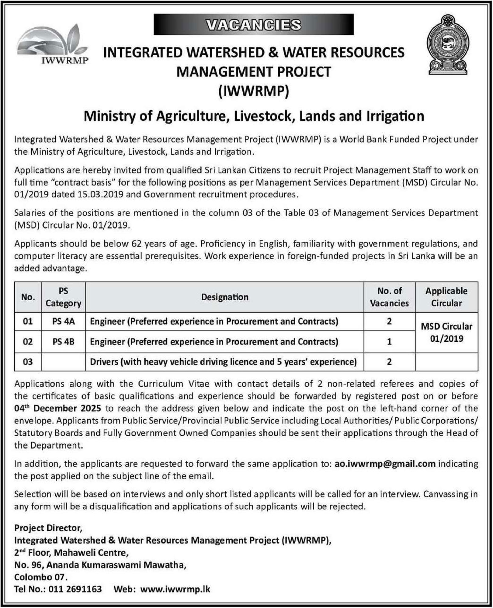 Engineer, Driver - Ministry of Agriculture, Livestock, Lands & Irrigation