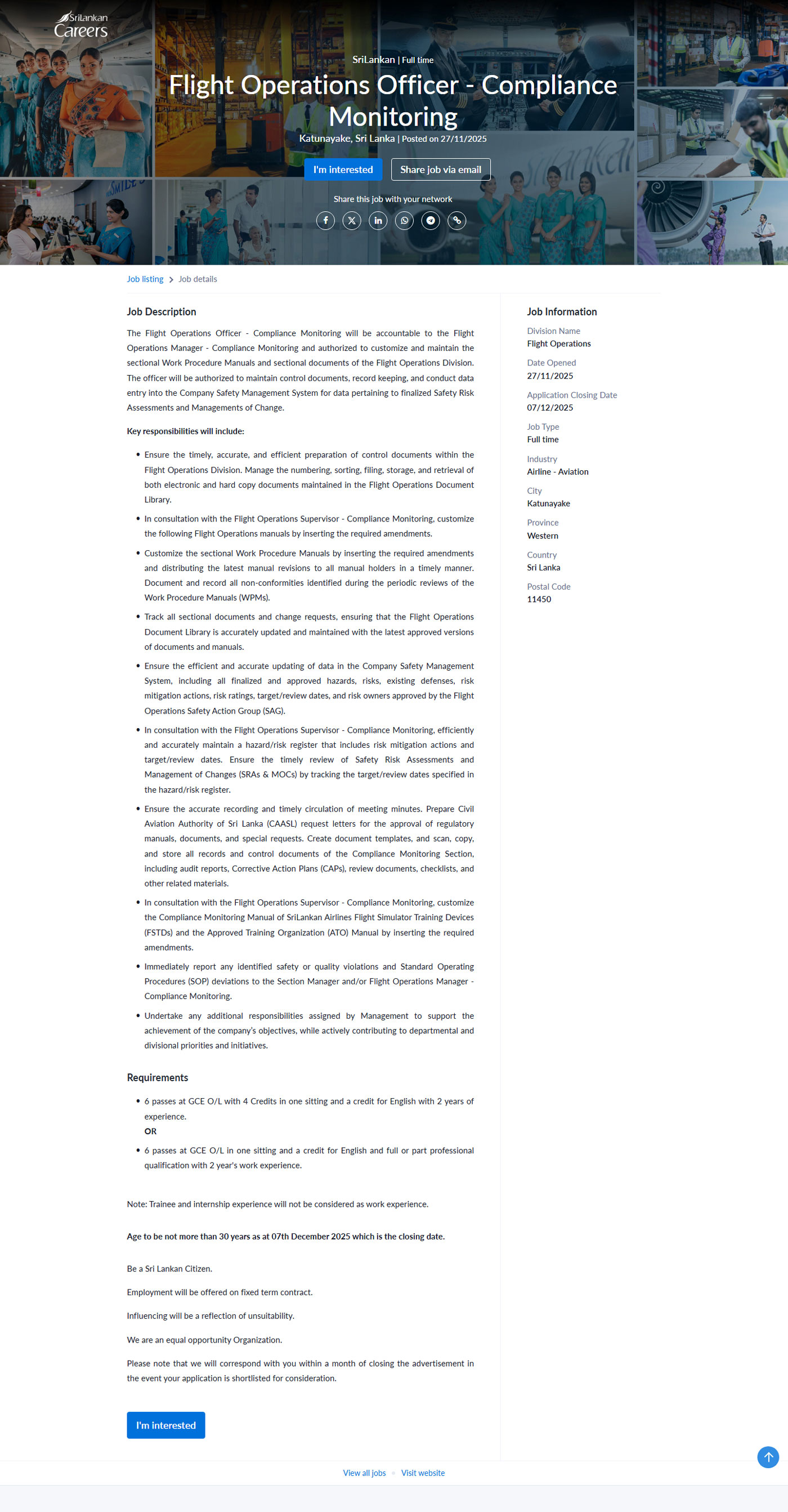 Fight Operations Officer - Sri Lankan Airlines Limited