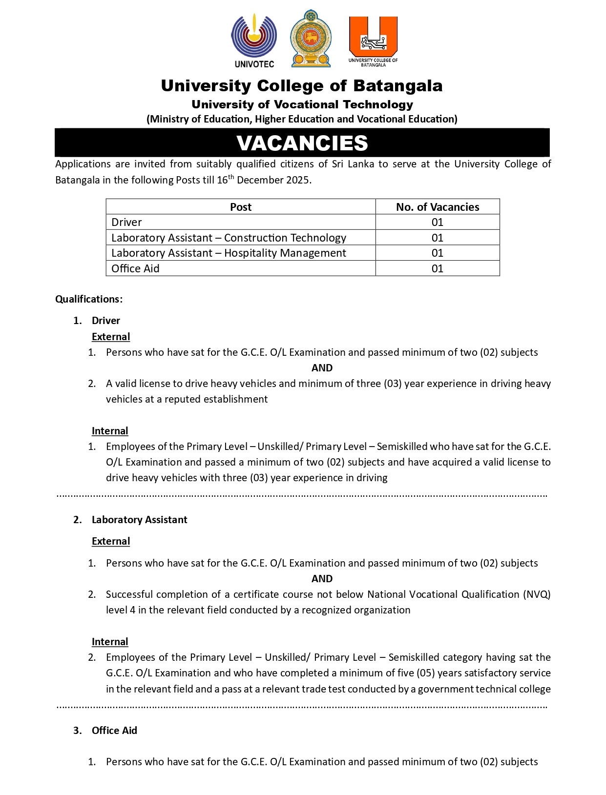 Driver, Laboratory Assistant, Office Aid - University College of Batangala - University of Vocational Technology