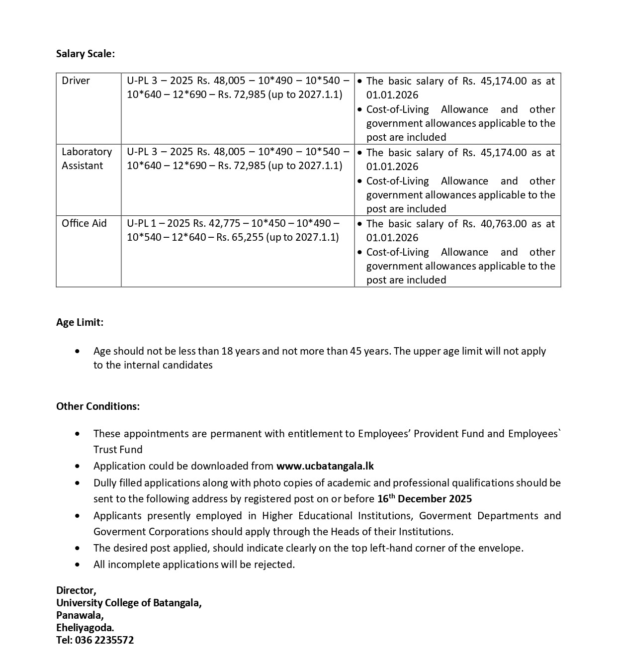 Driver, Laboratory Assistant, Office Aid - University College of Batangala - University of Vocational Technology