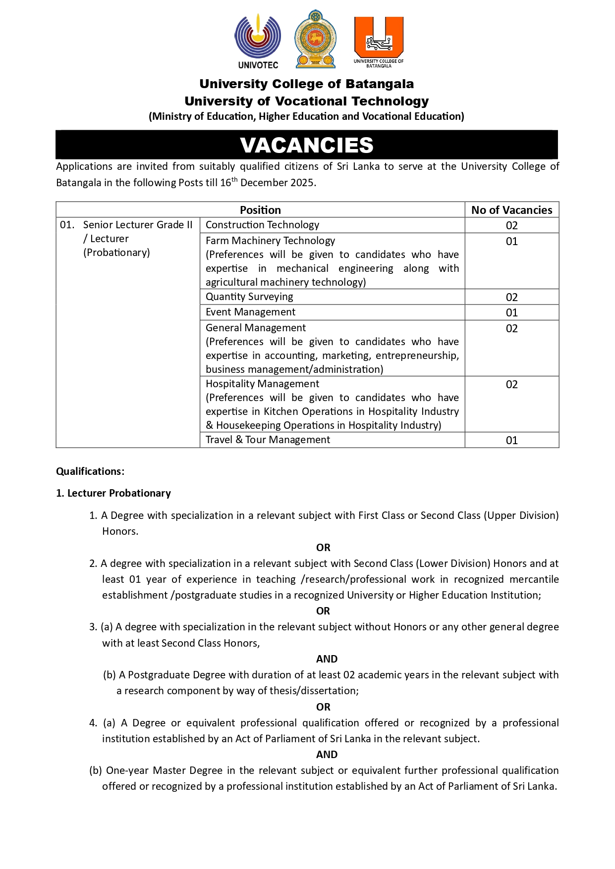 Senior Lecturer, Lecturer - University College of Batangala - University of Vocational Technology