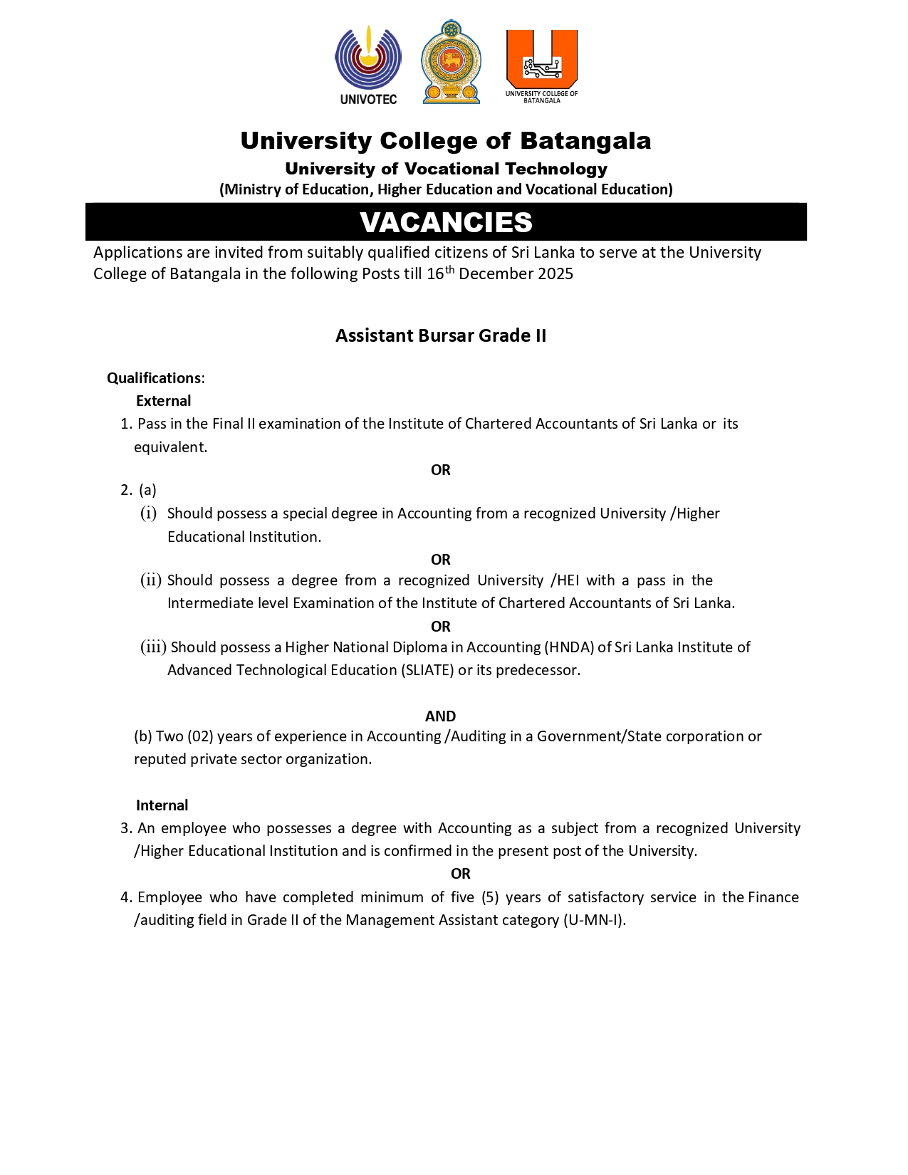 Assistant Bursar, Instructor - University College of Batangala - University of Vocational Technology