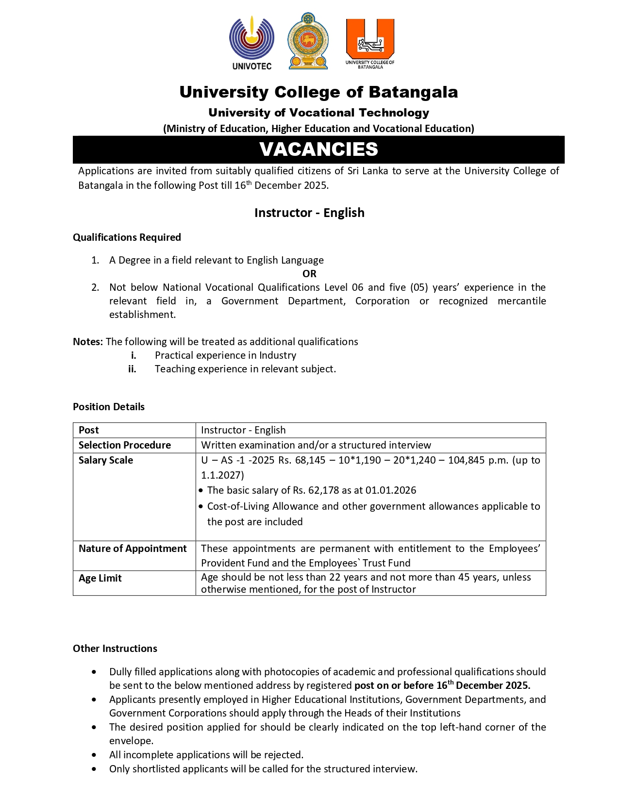 Assistant Bursar, Instructor - University College of Batangala - University of Vocational Technology