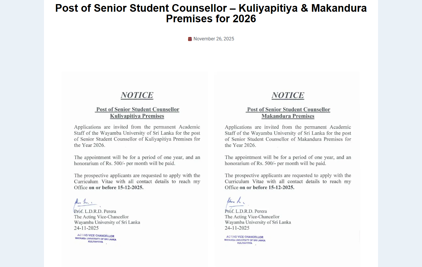 Senior Student Counsellor - Wayamba University of Sri Lanka