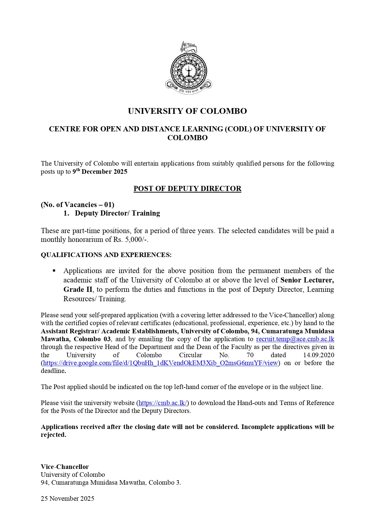 Deputy Director - University of Colombo