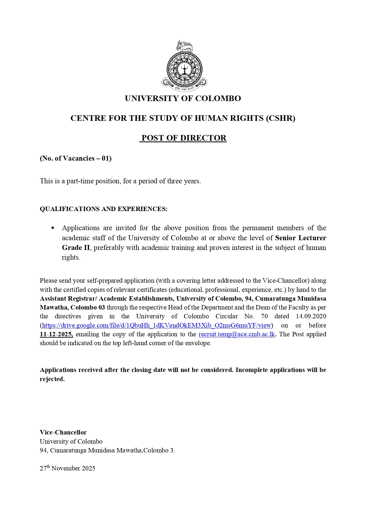 Director - University of Colombo