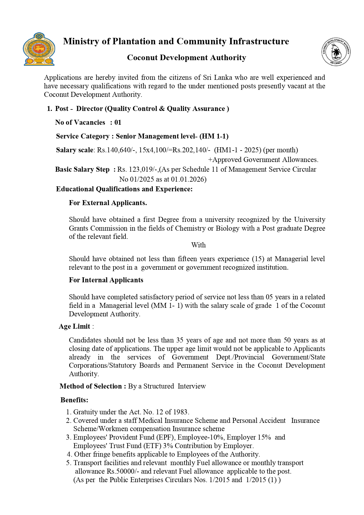 Director, Assistant Director, Programme Assistant Inspector- Coconut Development Authority