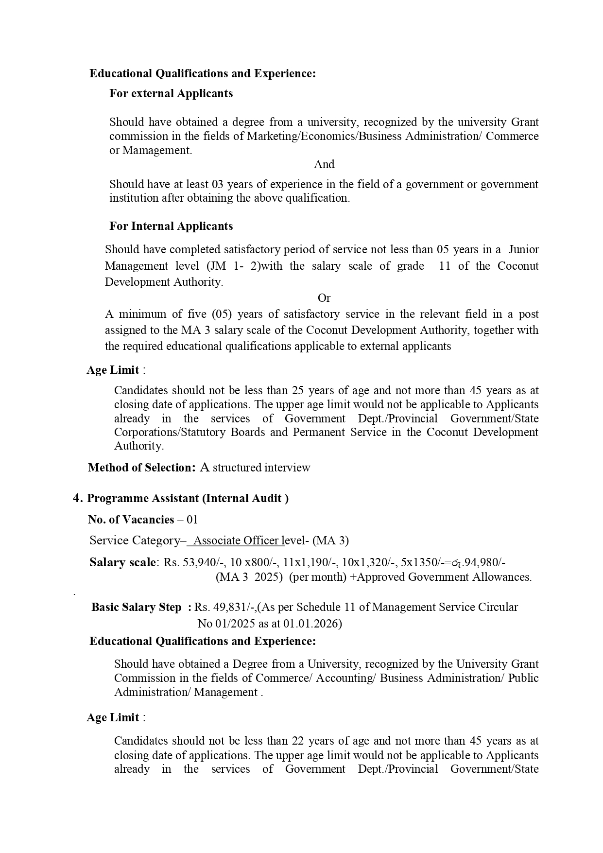 Director, Assistant Director, Programme Assistant Inspector- Coconut Development Authority