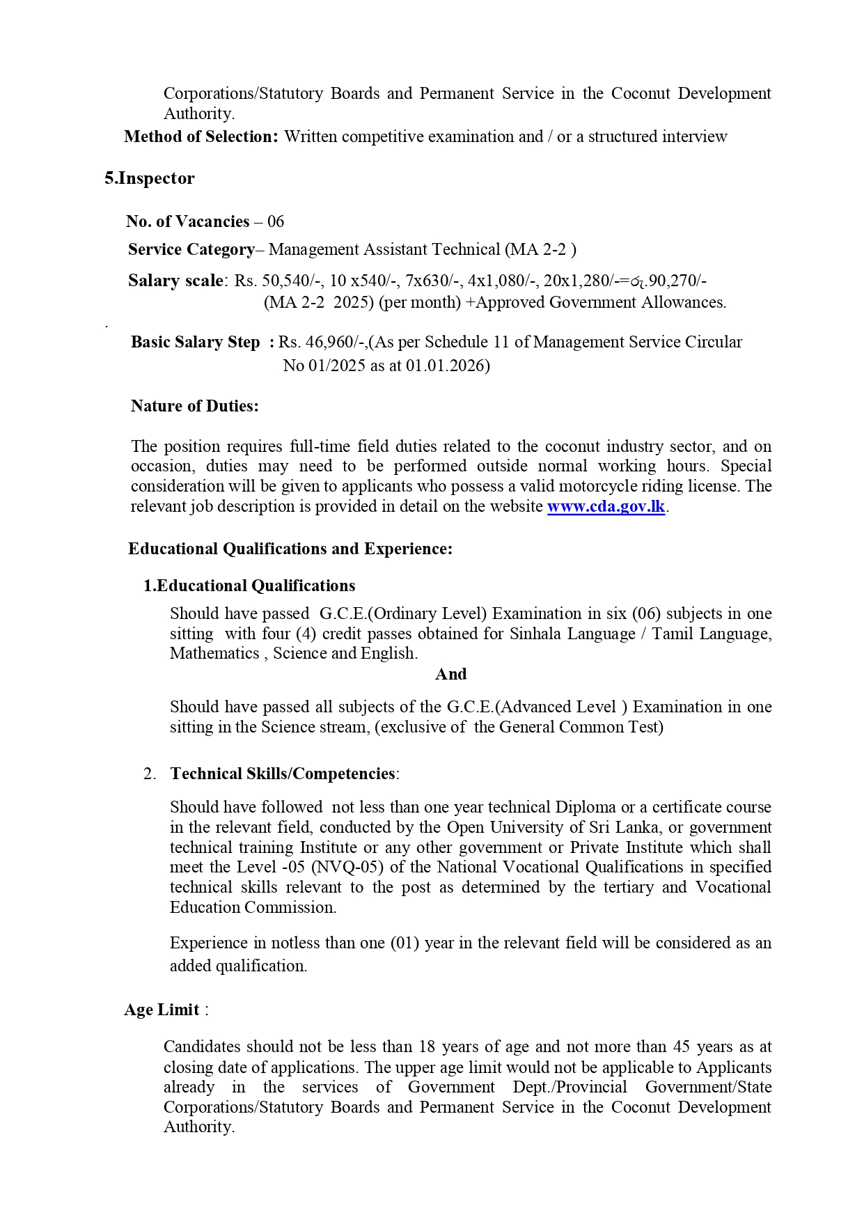 Director, Assistant Director, Programme Assistant Inspector- Coconut Development Authority