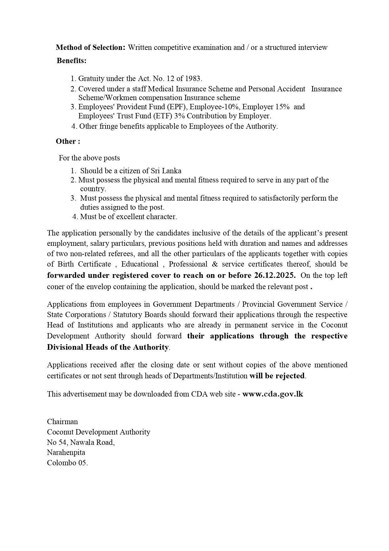 Director, Assistant Director, Programme Assistant Inspector- Coconut Development Authority