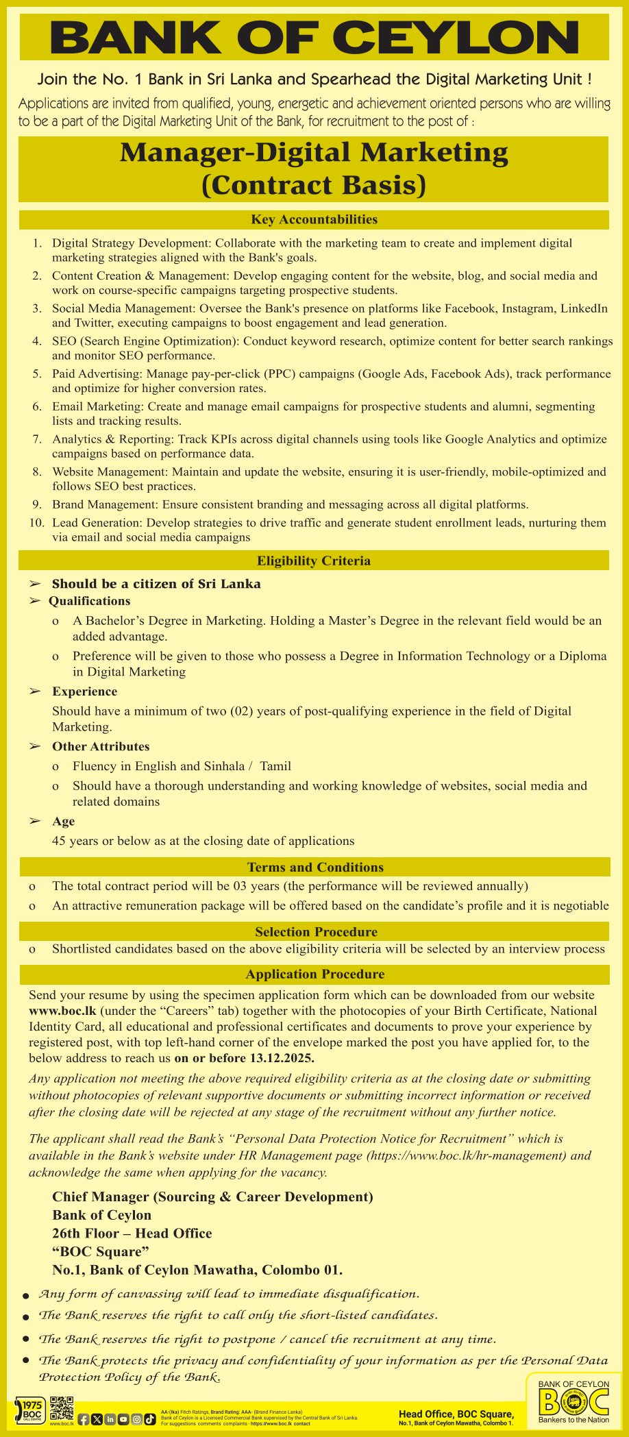 Manager (Digital Marketing) - Bank of Ceylon