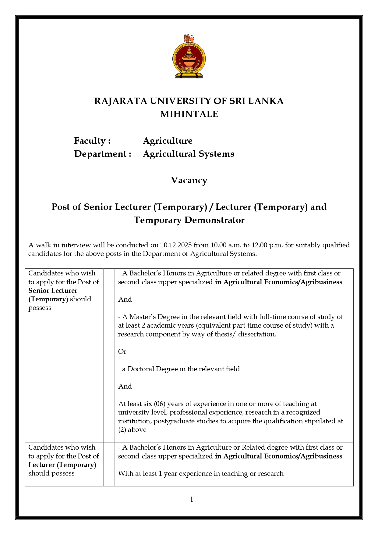  Senior Lecturer, Lecturer, Temporary Demonstrator - Rajarata University of Sri Lanka