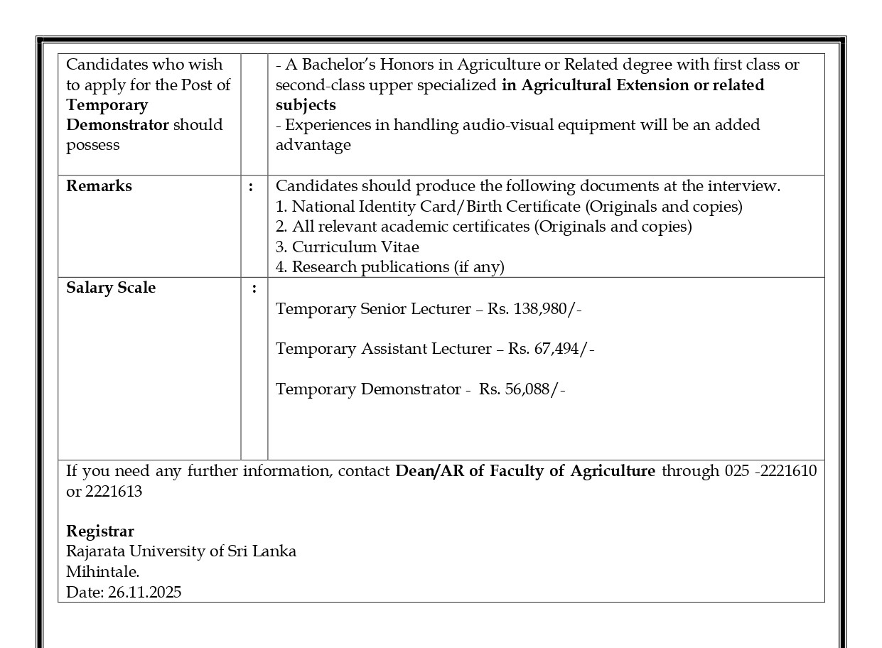  Senior Lecturer, Lecturer, Temporary Demonstrator - Rajarata University of Sri Lanka
