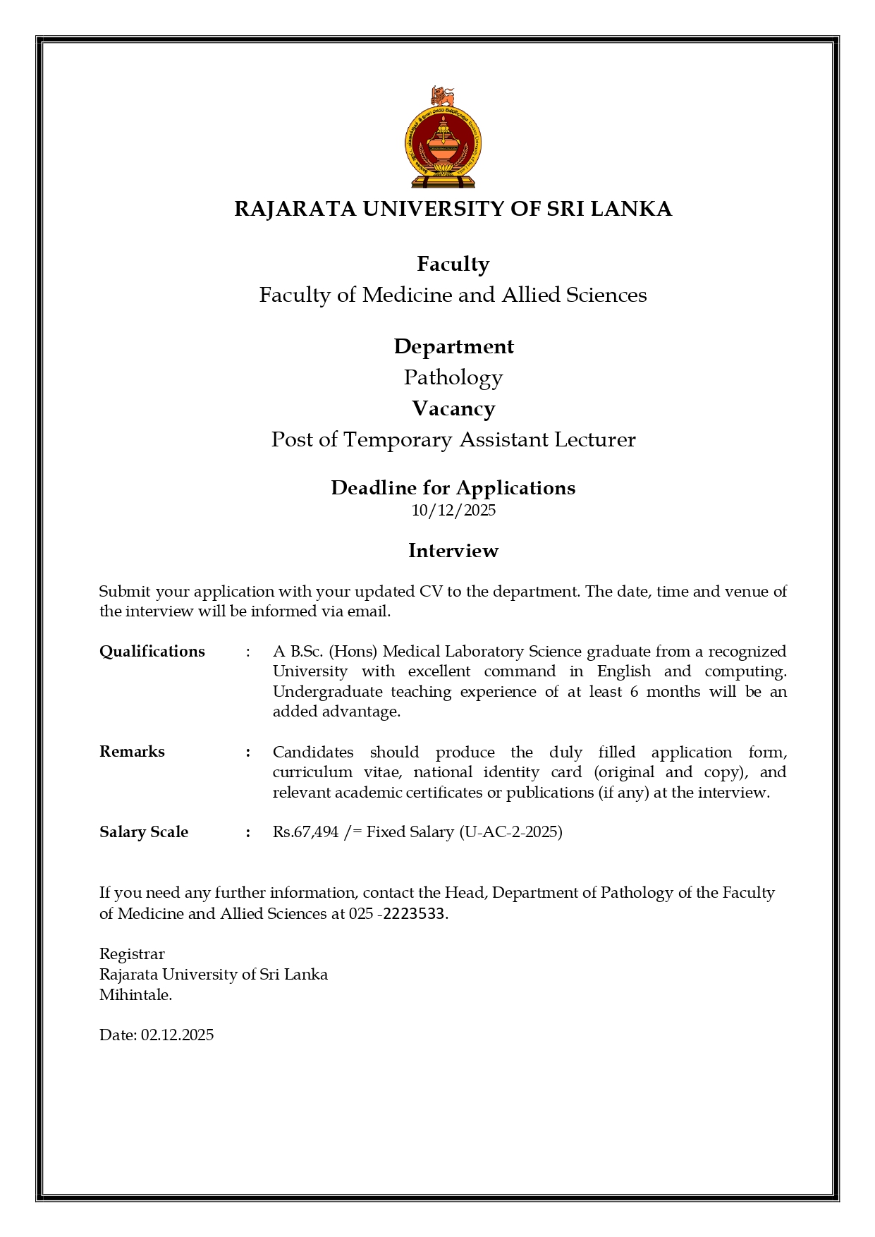 Temporary Assistant Lecturer - Rajarata University of Sri Lanka