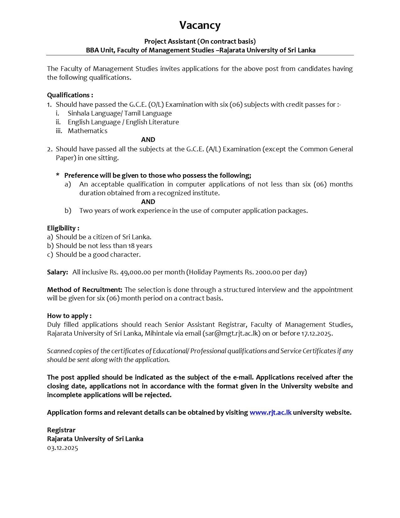 Project Assistant - Rajarata University of Sri Lanka